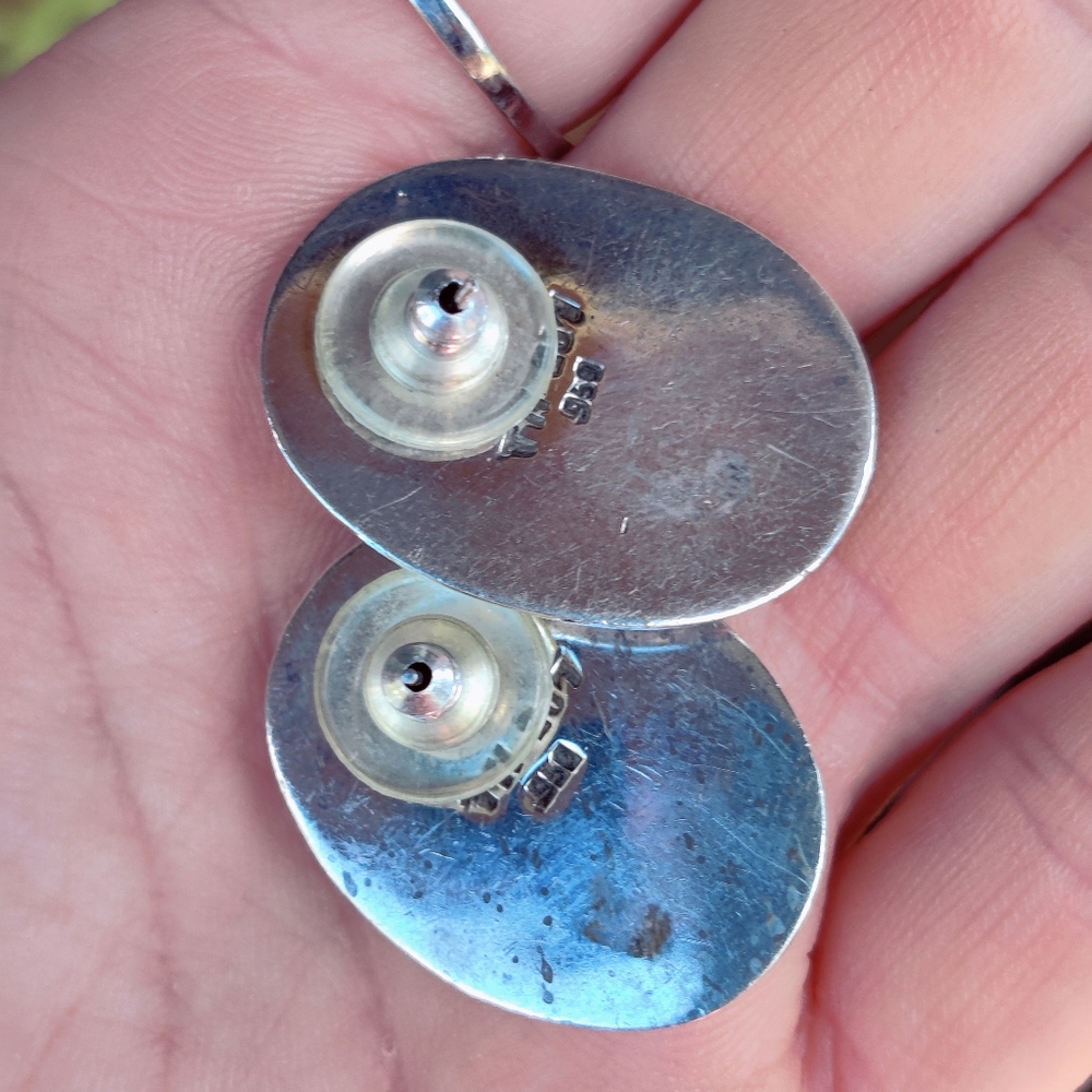 Vintage heavy 950 fine silver Mosaic taxco signed stone earrings - Picture 10 of 15